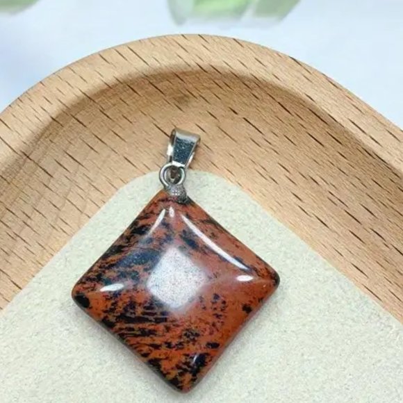 Mahogany Obsidian Stone Square Shape Pendant Natural Stone Pendant Silver - Picture 1 of 2